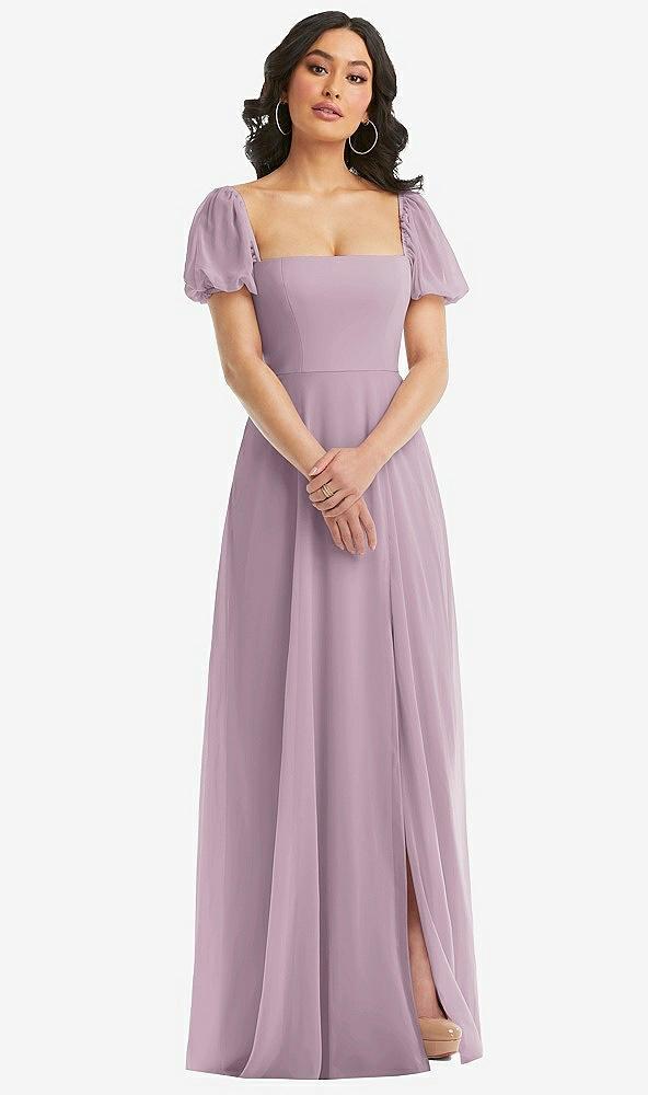 puff sleeve chiffon maxi dress with front slit