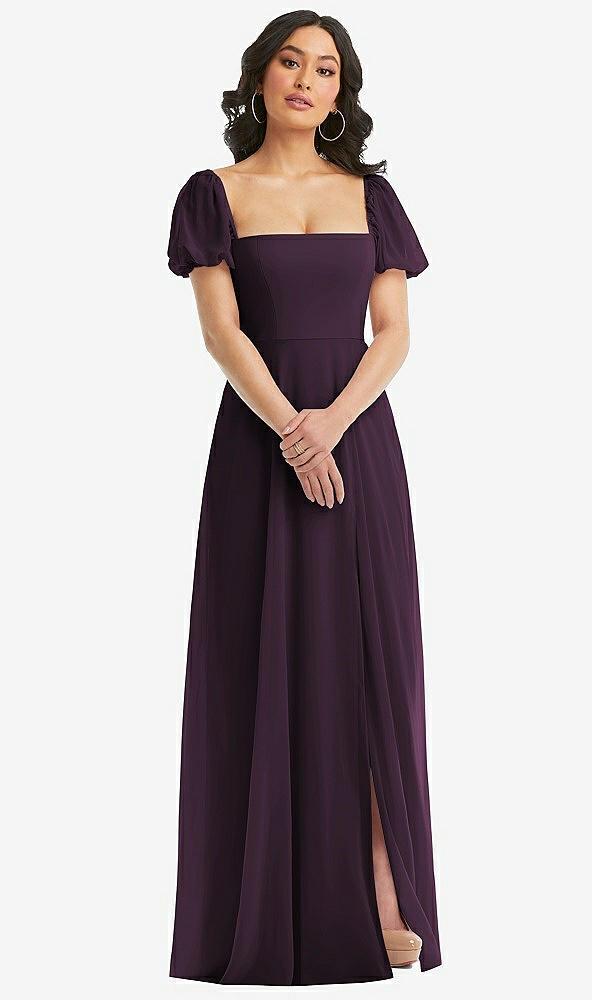 puff sleeve chiffon maxi dress with front slit