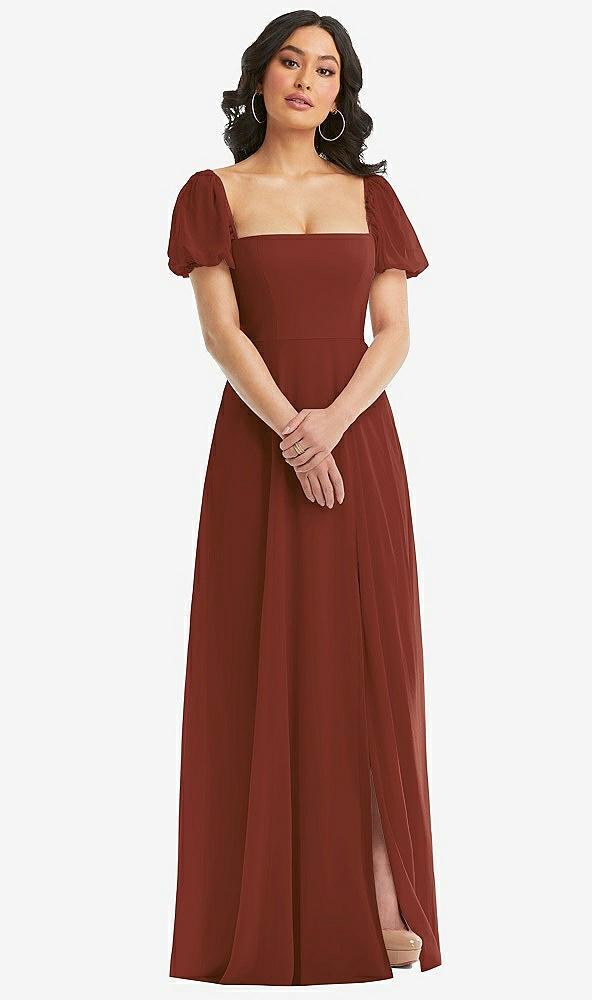 puff sleeve chiffon maxi dress with front slit