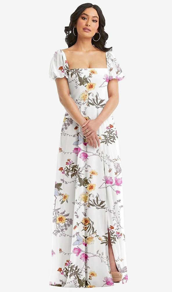 puff sleeve chiffon maxi dress with front slit