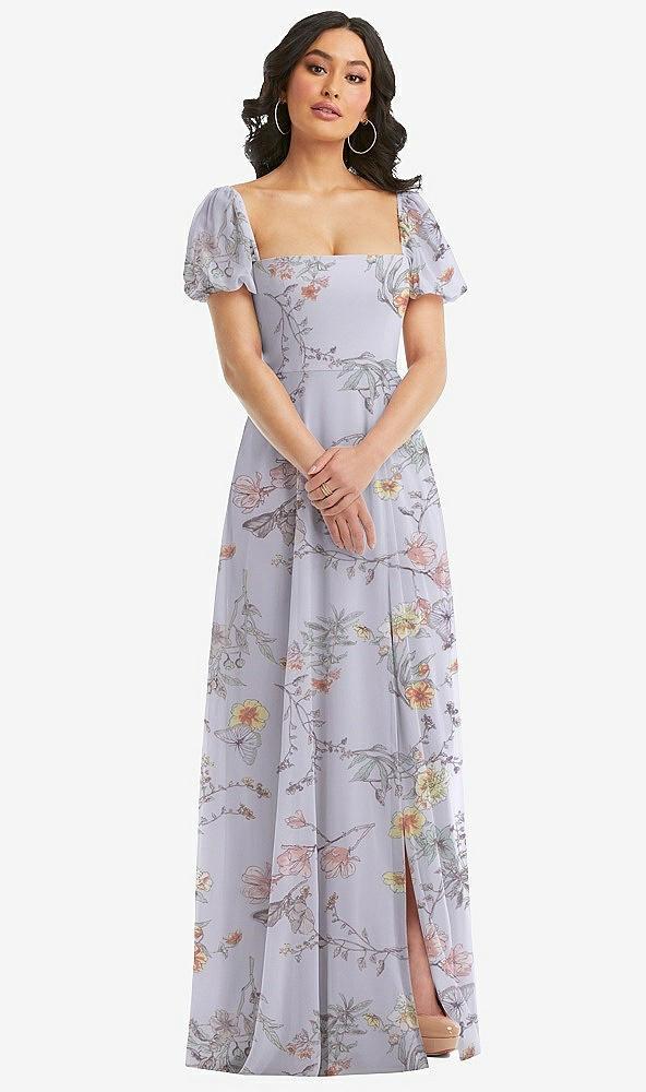 puff sleeve chiffon maxi dress with front slit