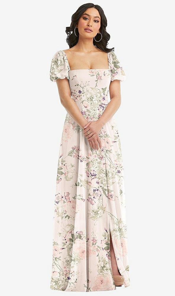 puff sleeve chiffon maxi dress with front slit