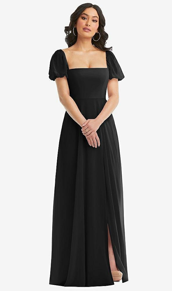 puff sleeve chiffon maxi dress with front slit