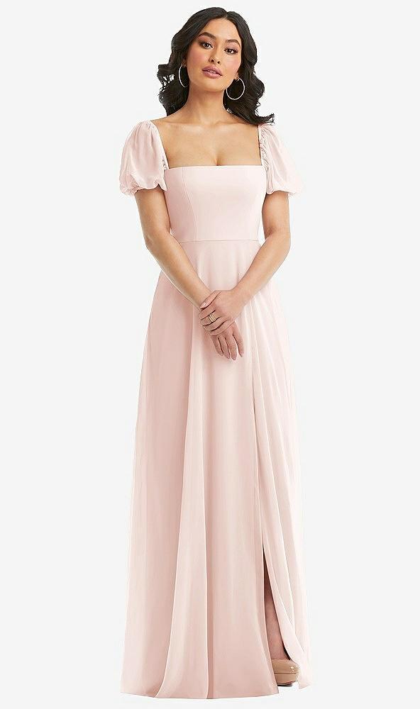 puff sleeve chiffon maxi dress with front slit