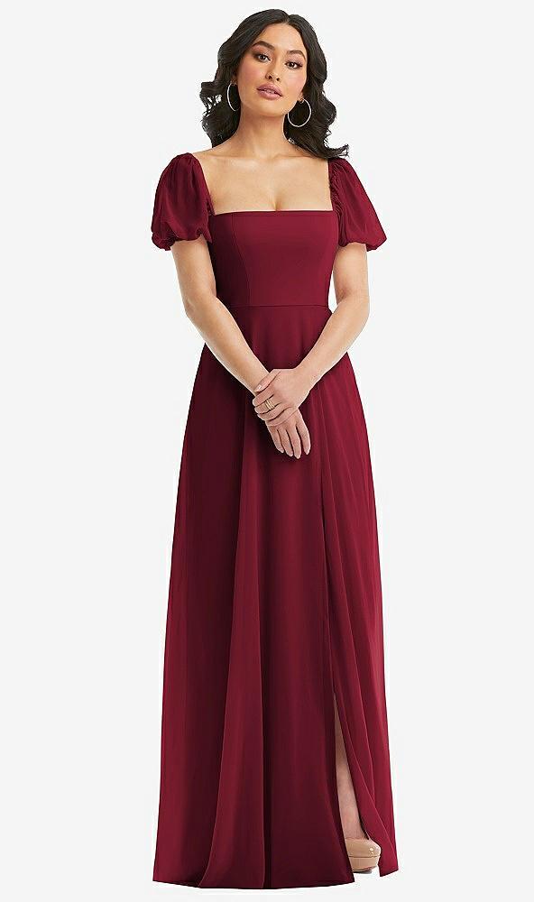 puff sleeve chiffon maxi dress with front slit
