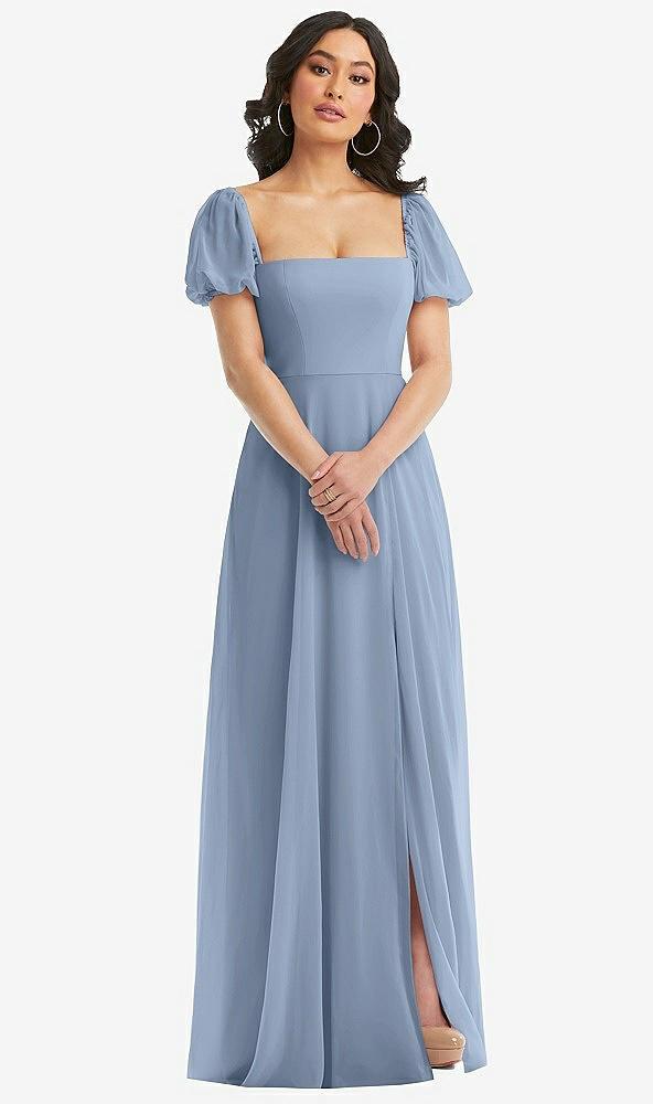 puff sleeve chiffon maxi dress with front slit