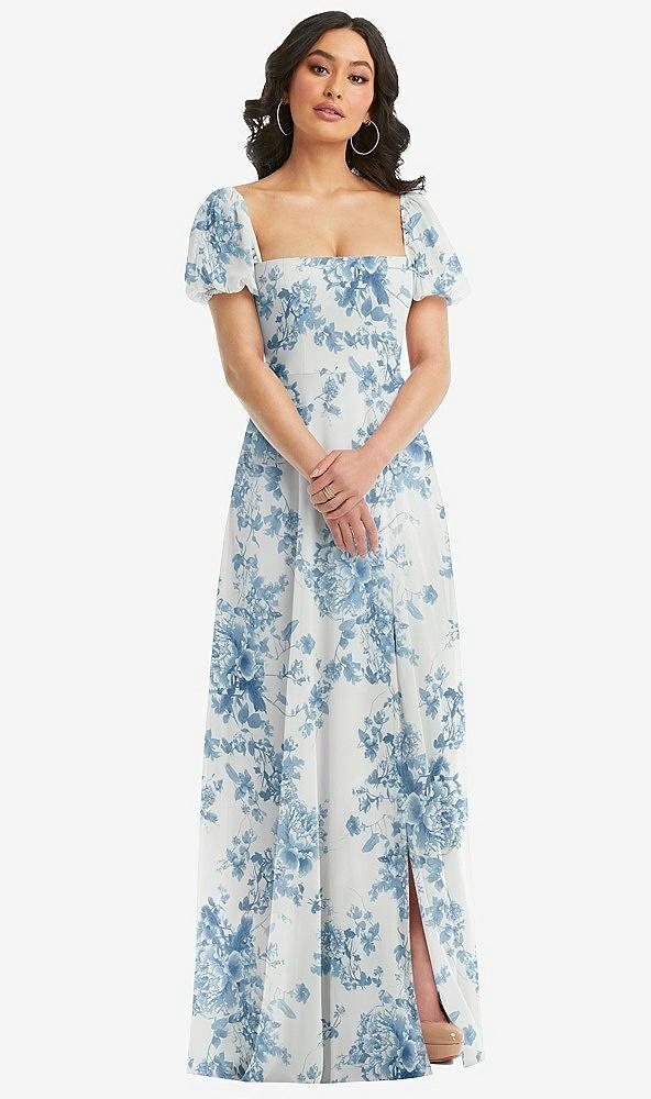 puff sleeve chiffon maxi dress with front slit