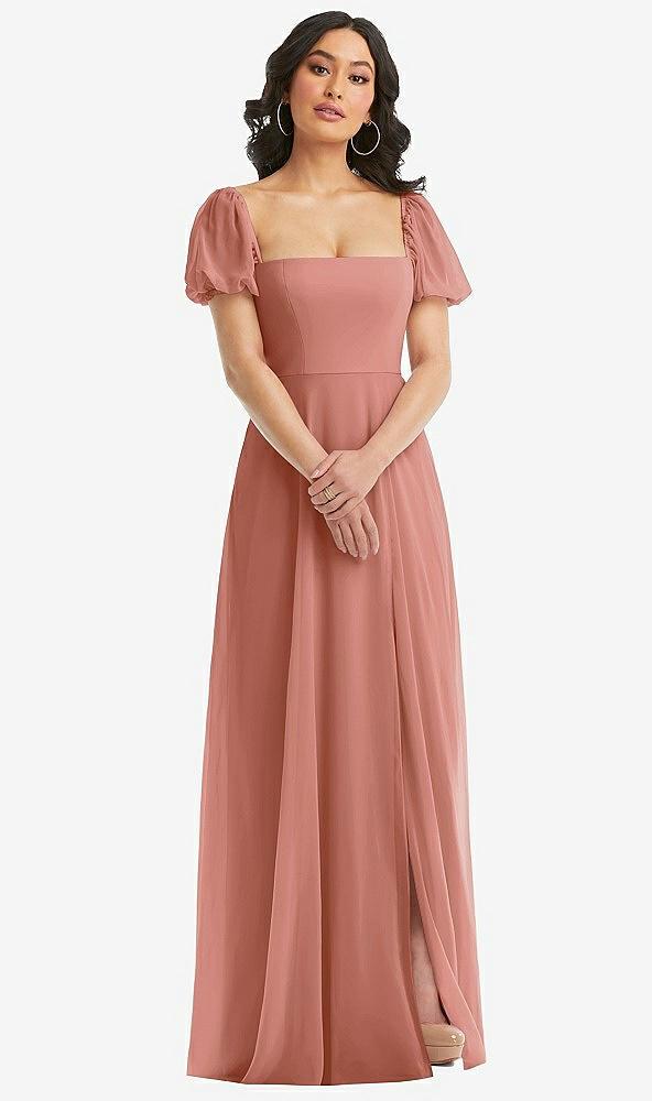 puff sleeve chiffon maxi dress with front slit