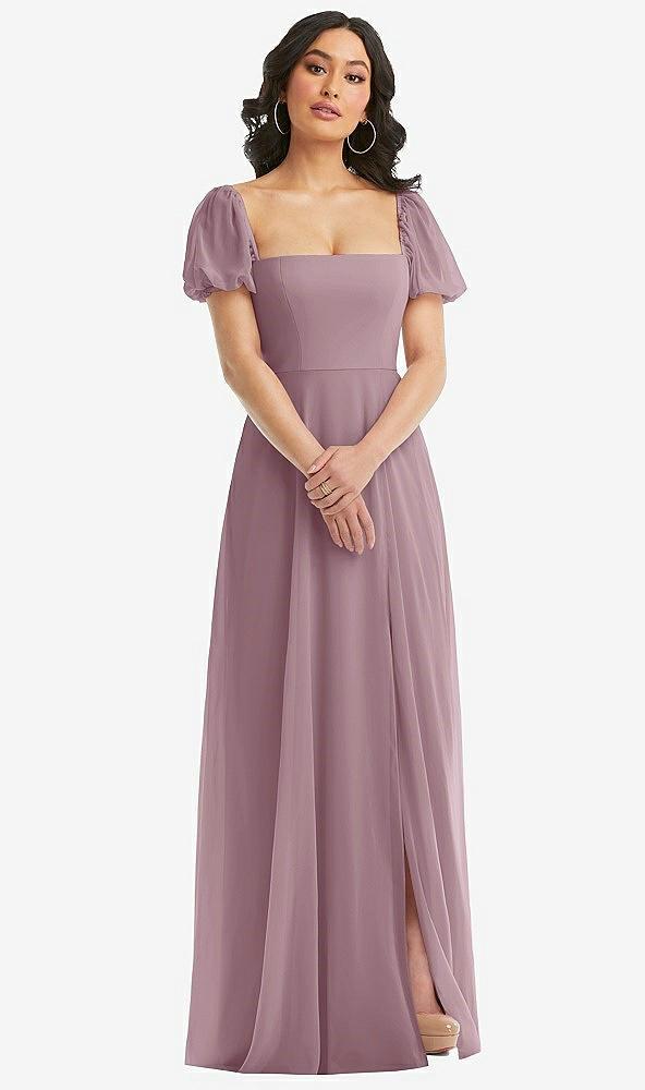 puff sleeve chiffon maxi dress with front slit