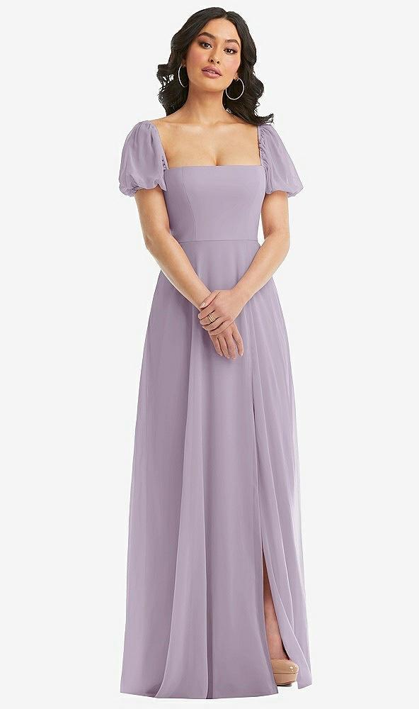 puff sleeve chiffon maxi dress with front slit