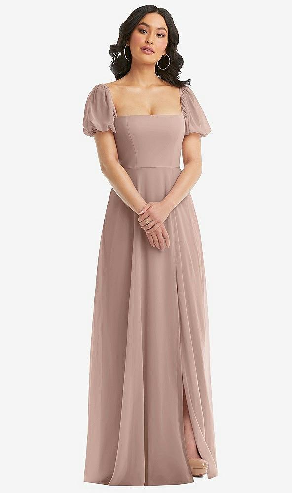 puff sleeve chiffon maxi dress with front slit