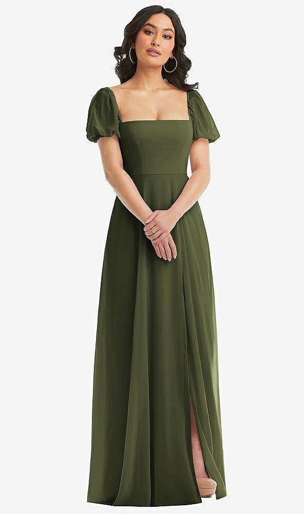 puff sleeve chiffon maxi dress with front slit