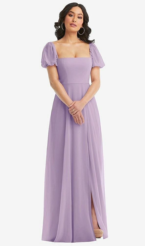 puff sleeve chiffon maxi dress with front slit