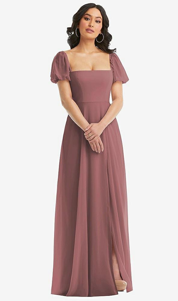 puff sleeve chiffon maxi dress with front slit
