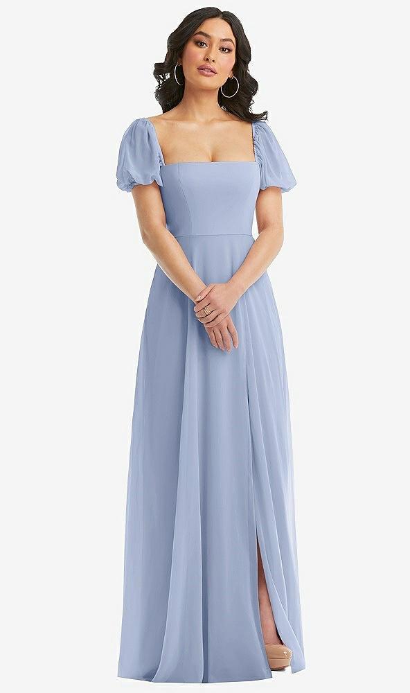 puff sleeve chiffon maxi dress with front slit