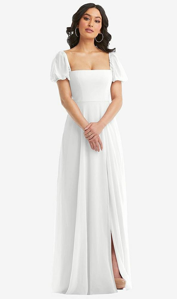 puff sleeve chiffon maxi dress with front slit