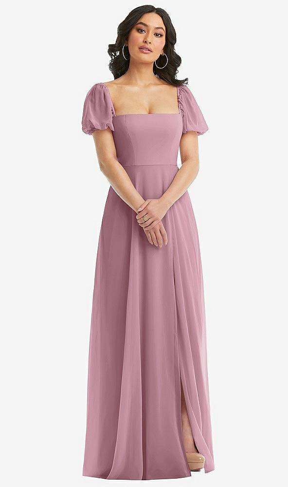 puff sleeve chiffon maxi dress with front slit
