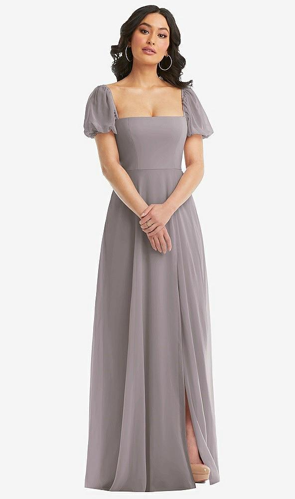 puff sleeve chiffon maxi dress with front slit