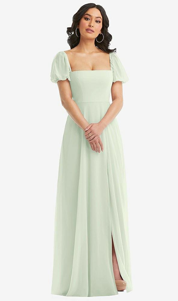 puff sleeve chiffon maxi dress with front slit