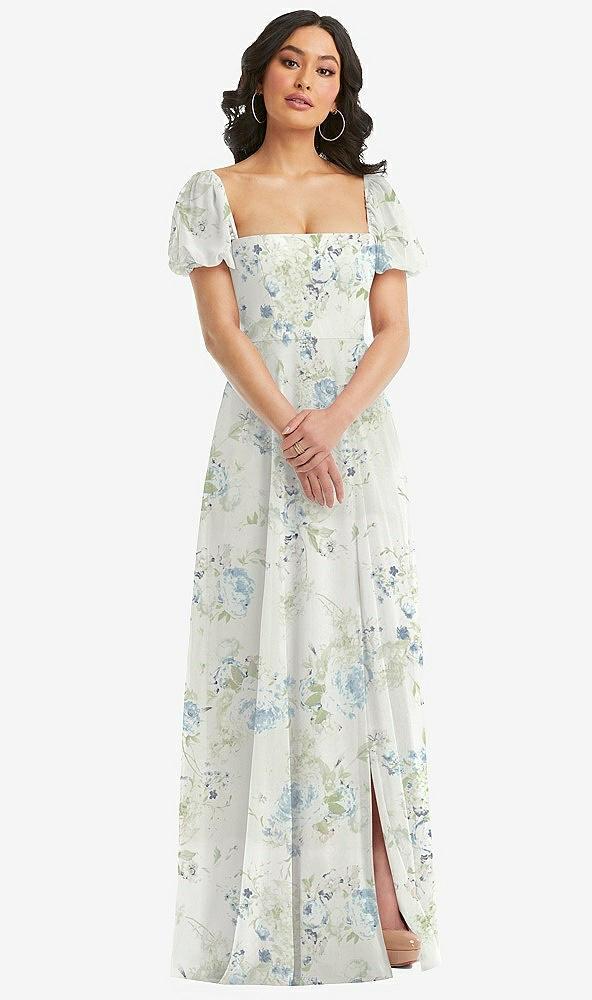 puff sleeve chiffon maxi dress with front slit