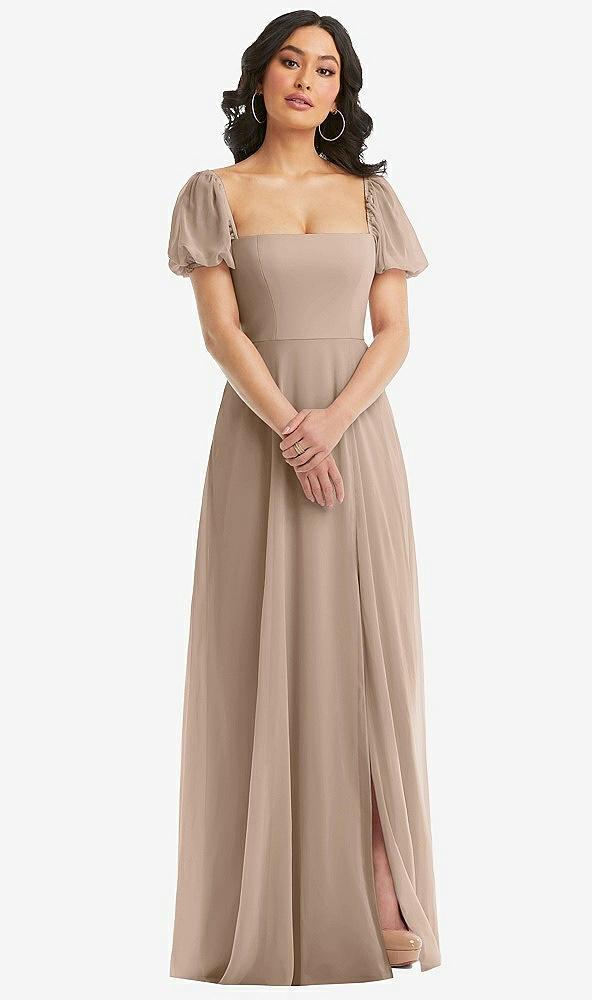puff sleeve chiffon maxi dress with front slit