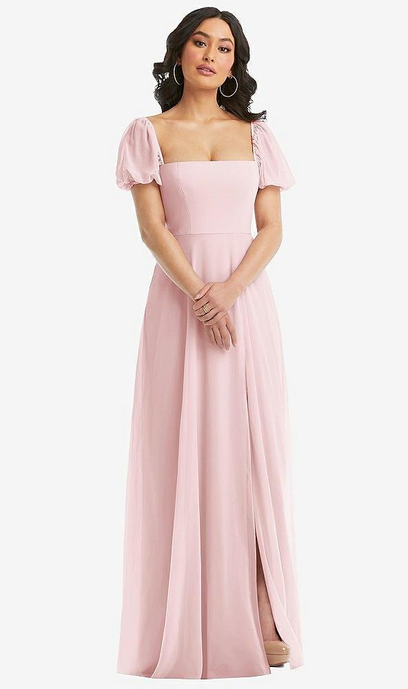 puff sleeve chiffon maxi dress with front slit