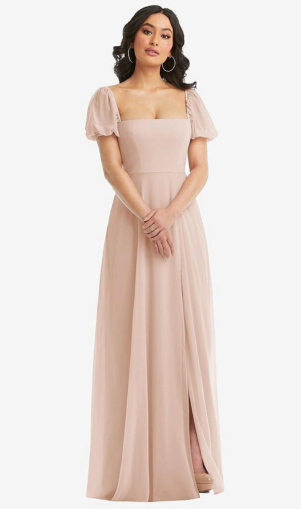 puff sleeve chiffon maxi dress with front slit
