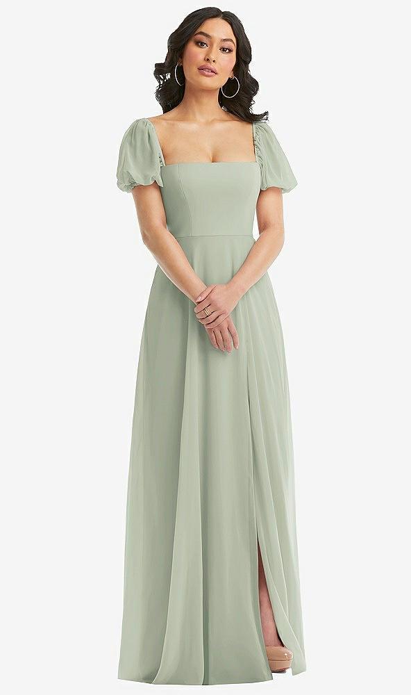 puff sleeve chiffon maxi dress with front slit