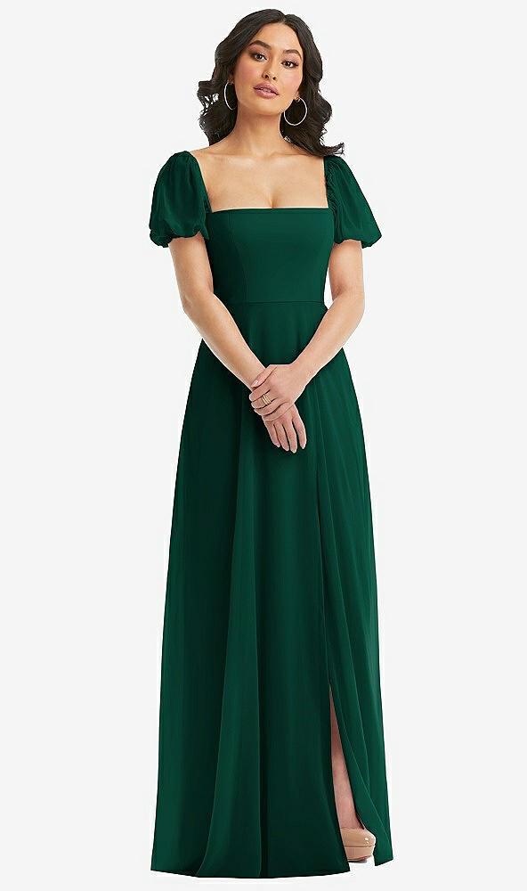 puff sleeve chiffon maxi dress with front slit