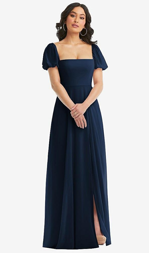 puff sleeve chiffon maxi dress with front slit