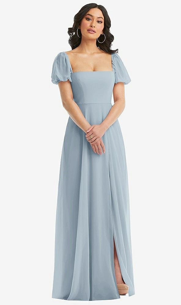 puff sleeve chiffon maxi dress with front slit