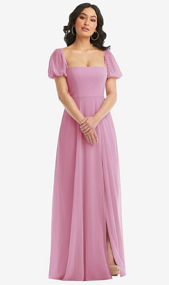 puff sleeve chiffon maxi dress with front slit