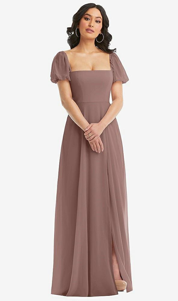 puff sleeve chiffon maxi dress with front slit