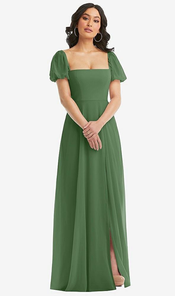 puff sleeve chiffon maxi dress with front slit