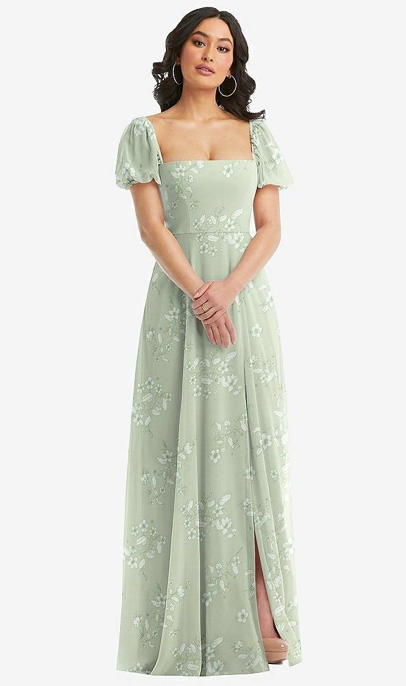 puff sleeve chiffon maxi dress with front slit