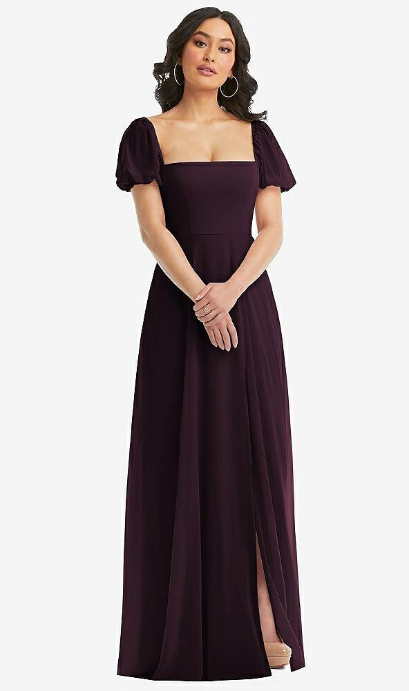 puff sleeve chiffon maxi dress with front slit