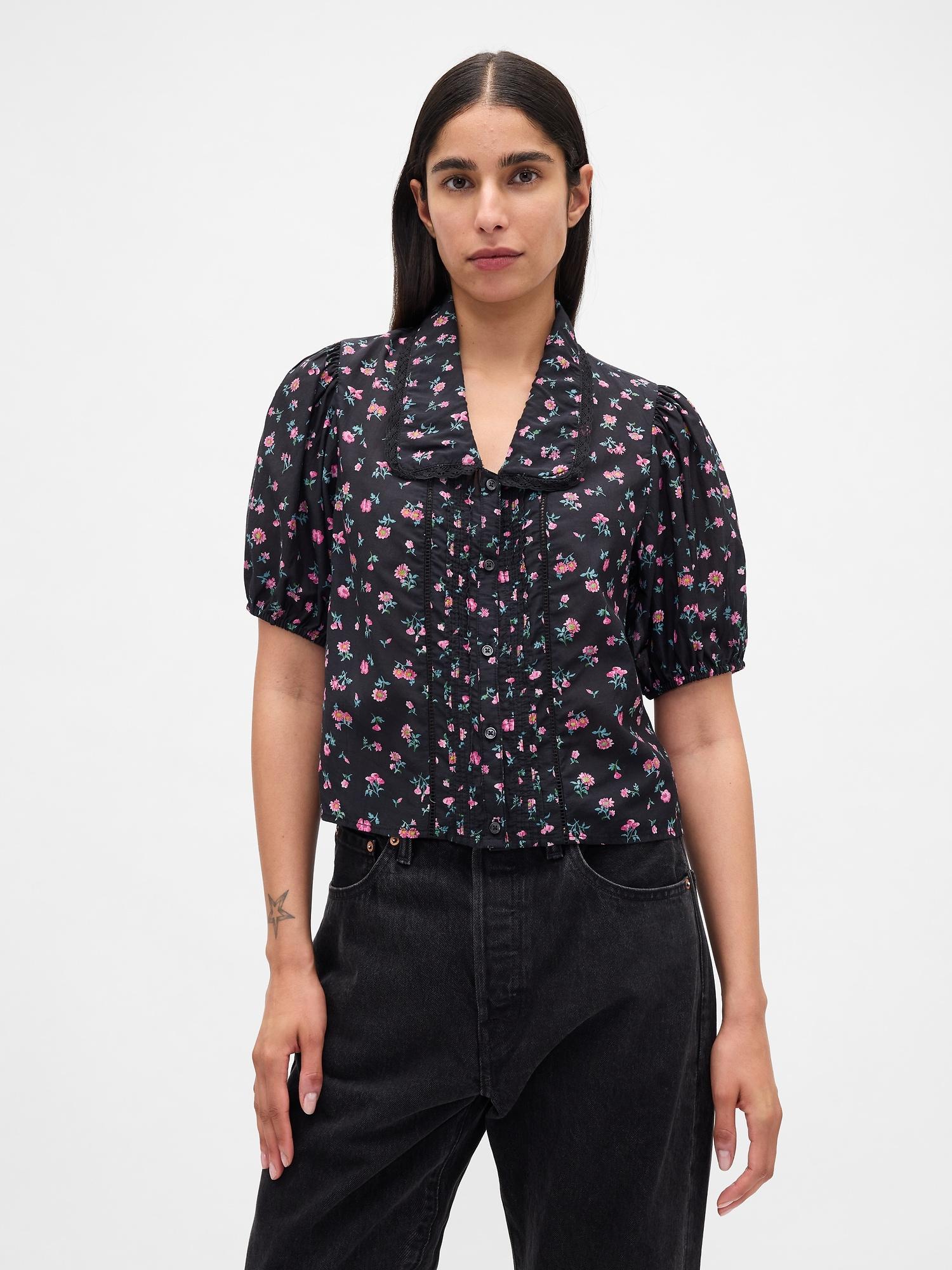 puff-sleeve collared top