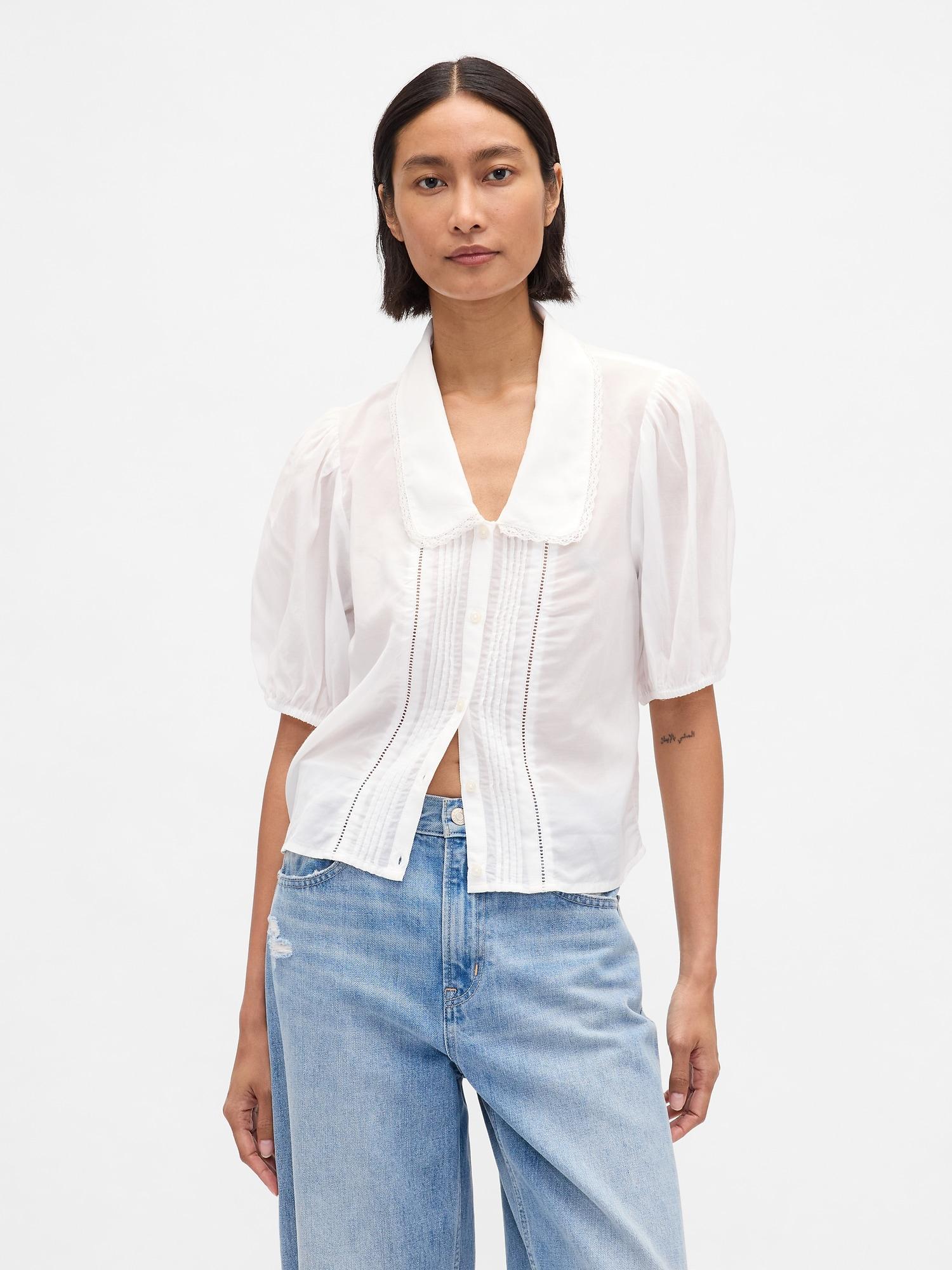 puff-sleeve collared top