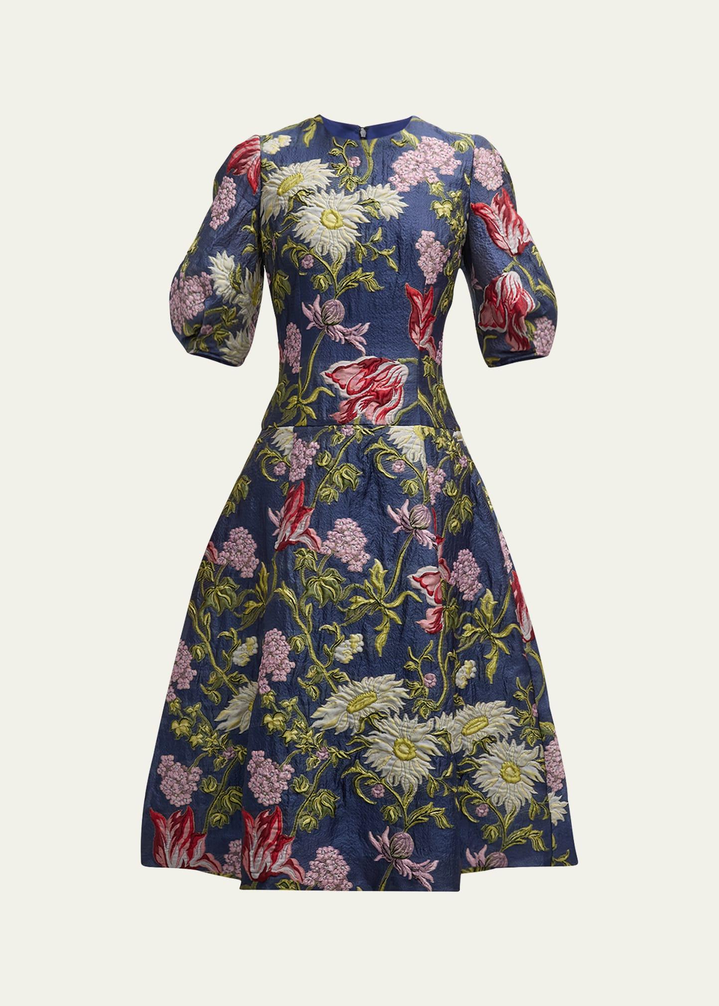 puff-sleeve floral jacquard midi dress