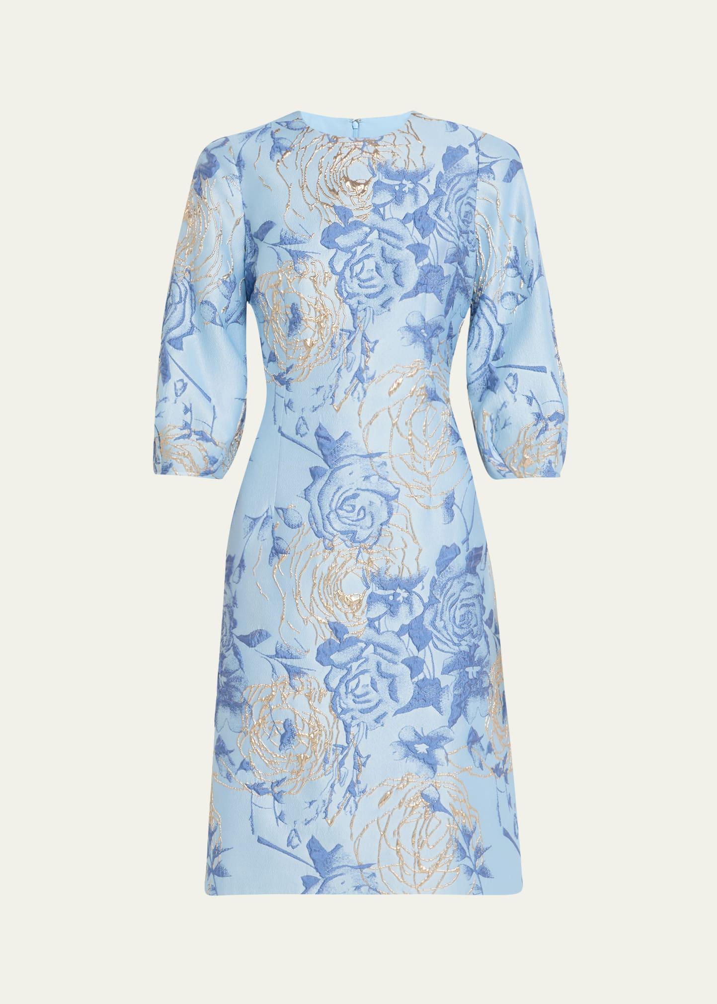 puff-sleeve metallic floral jacquard dress