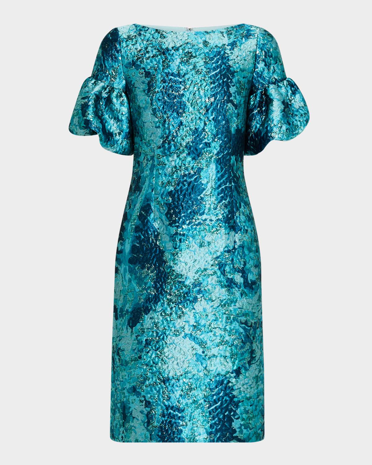 puff-sleeve metallic jacquard dress