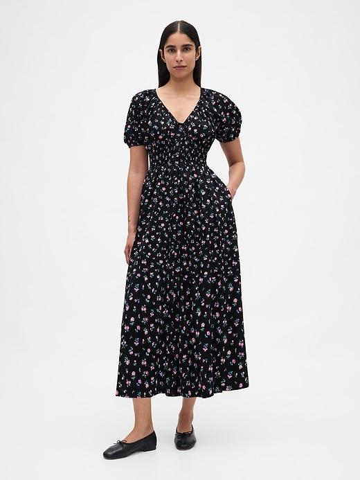 puff-sleeve midi dress