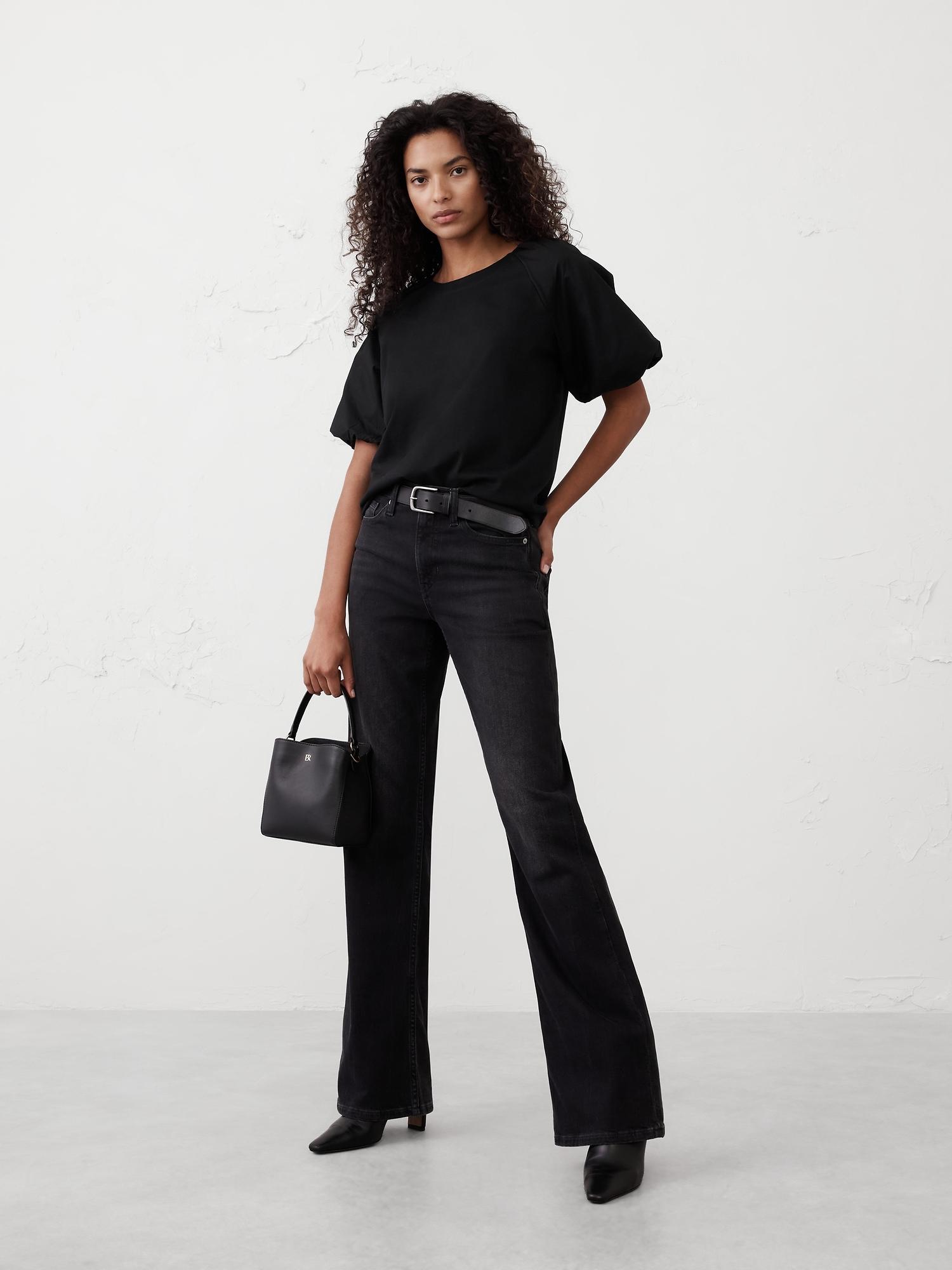 puff-sleeve mixed media top