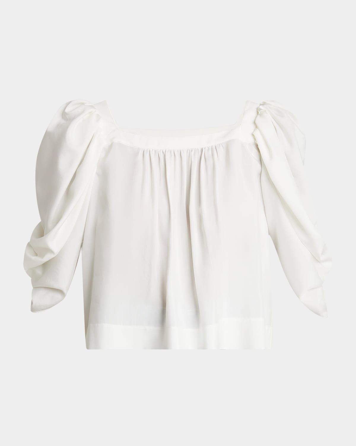 puff-sleeve pleated silk top