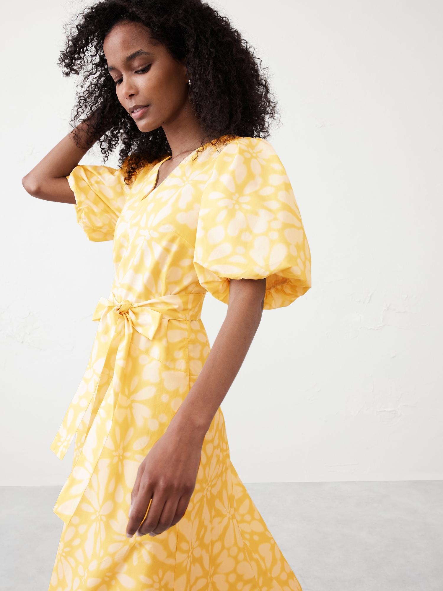 puff-sleeve poplin midi dress