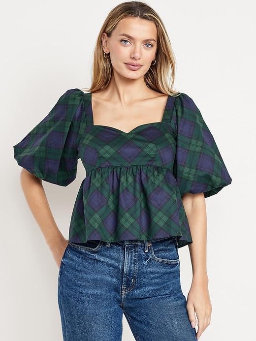 puff-sleeve poplin peplum top