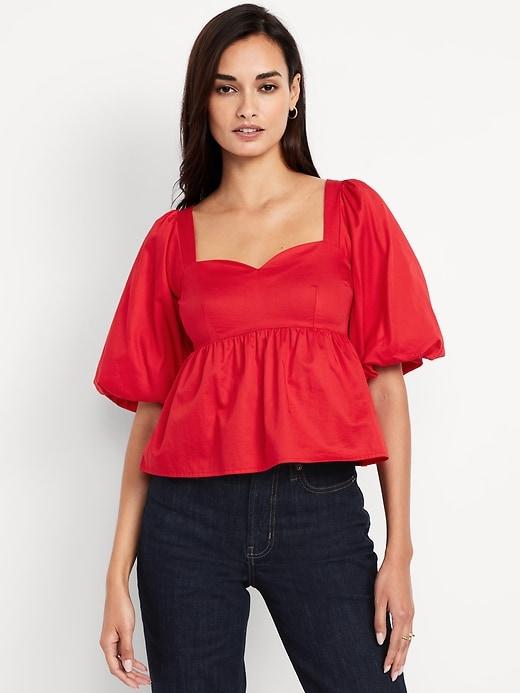puff-sleeve poplin peplum top