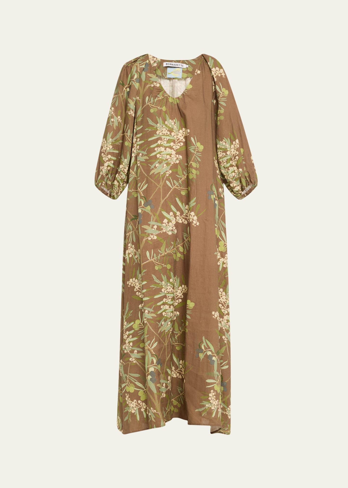 puff-sleeve printed linen maxi dress