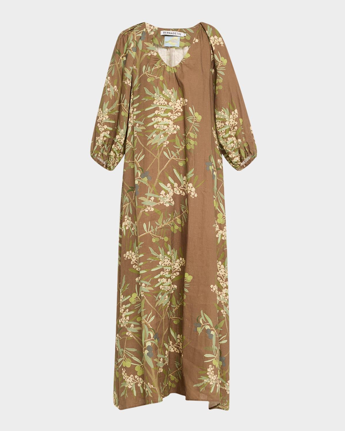 puff-sleeve printed linen maxi dress