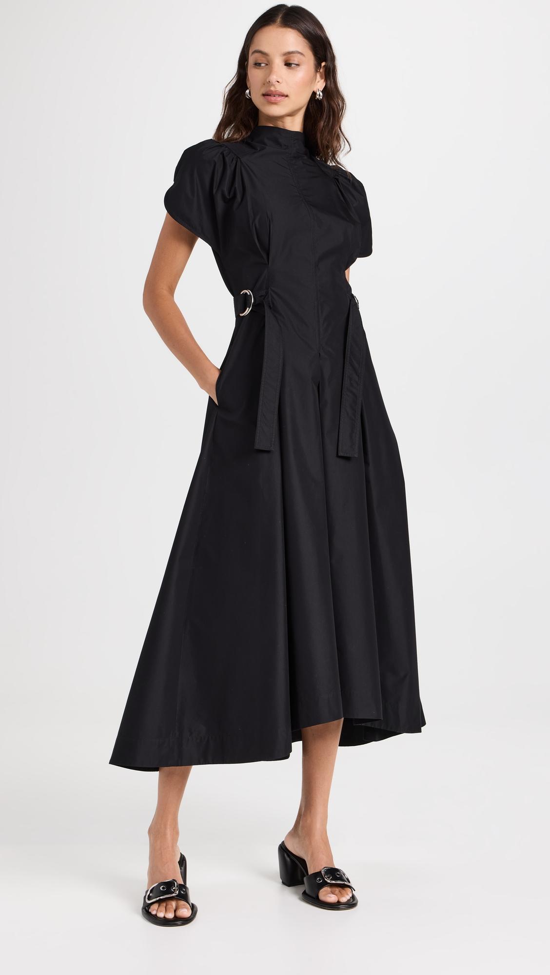 puff sleeve side tie flare dress